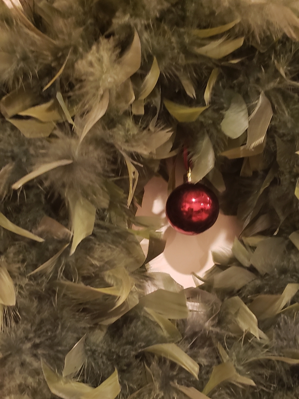 Apple Green Feather Holiday Wreath with Red Ornament - Picture 2 of 2